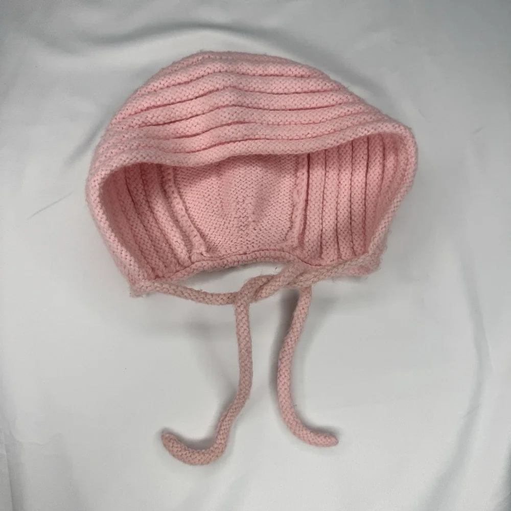 Vintage Baby Tied Bonnet Hat Hand Knitted Peach Pink, Winter‎ Cute, Adjustable